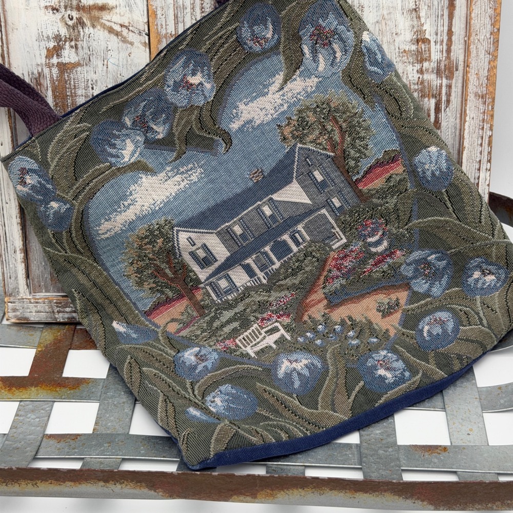 Vintage Tapestry Tote Bag Scenic Country House Garden Blue Cottagecore Handbag